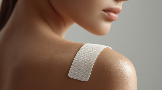 Close-up of a woman's shoulder with a white adhesive bandage
