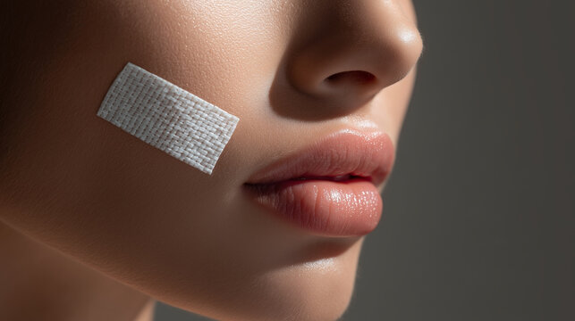 Close-up of a woman's face with a medical patch applied to her cheek