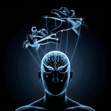 Surreal 3D illustration of human head being controlled by giant puppet master hands with strings representing manipulation or loss of free will