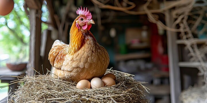Close Portrait of a Hen Guarding Her Nest with Fresh Organic Eggs in a Rustic Country Setting
