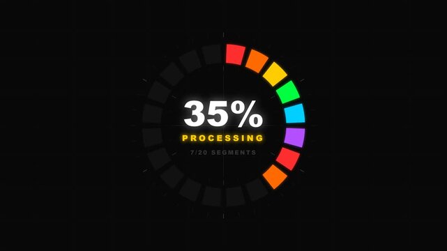 Rainbow Colored Circular Loading Progress Indicator with Percentage Counter and System Status Text on Dark Background