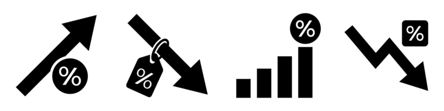 Percentage up and down arrow and chart glyph icon set for business