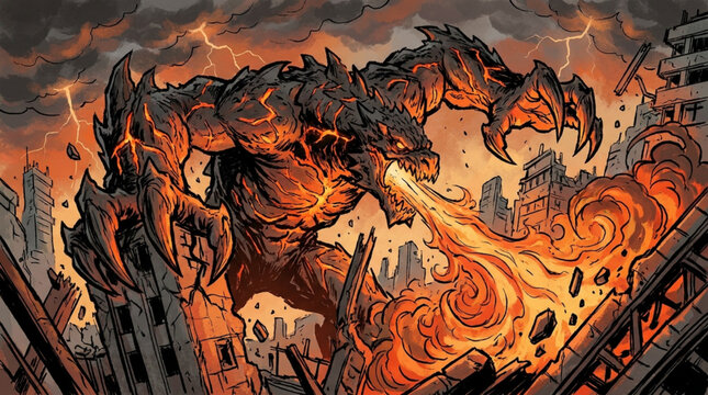 Massive Fire Elemental Creature Unleashing Fiery Breath.
