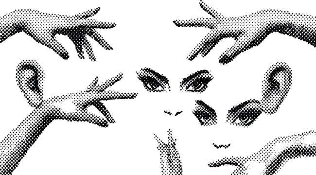 Abstract human face illustration featuring stylized halftone eyes ears and hands design elements created for artistic editorial layouts or modern creative graphic project backdrops