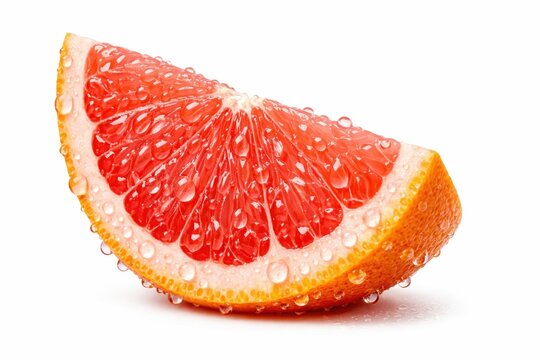 Fresh red grapefruit slice with water droplets. This image represents health, vitality, and natural refreshment. Ideal for culinary websites, juice packaging, and wellness promotions.