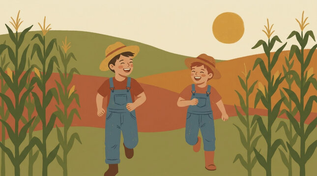 Two happy boys running through a cornfield wearing overalls and straw hats.