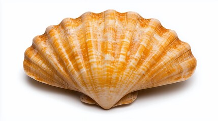 Obraz premium Close-up of a Delicate Scallop Seashell with Pale Orange and White Hues Against a Pure White Background