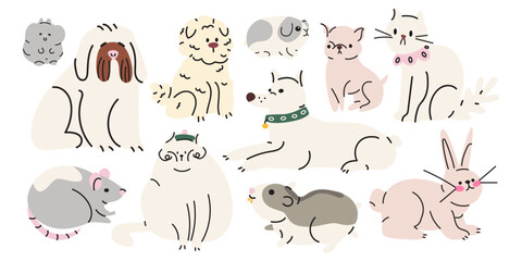 Obraz premium Cartoon cute domestic animals character collection in various poses and different breeds. Funny cats, dogs, hamsters and rat with happy charming playful expression