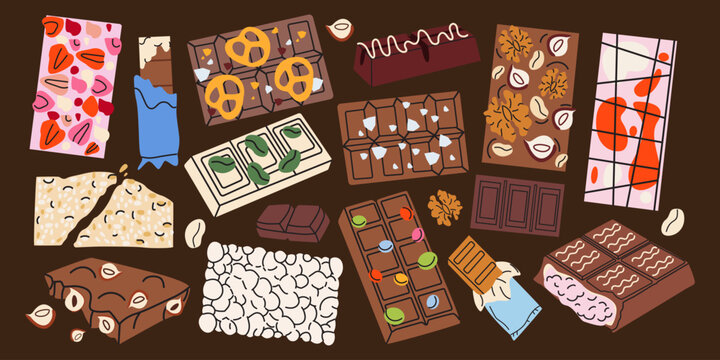 Big set of various chocolate bar stickers in cartoon retro style. Cocoa product, bars with nuts, salt, berries, dark, milk chocolate and pralines in a flat style. Vector illustration