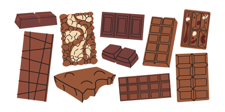 Vector set of milk chocolate bars in doodle style. Cocoa product, broken, pieces. Sweet food vector illustration