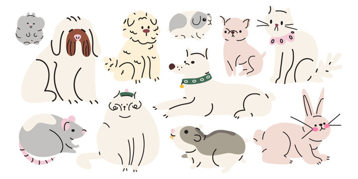 Cartoon cute domestic animals character collection in various poses and different breeds. Funny cats, dogs, hamsters and rat with happy charming playful expression