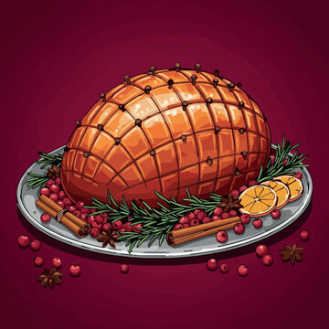 Festive glazed ham centerpiece with oranges rosemary and cranberries on a holiday platter vector illustration