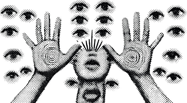 Surreal Vector Graphic Illustration featuring Open Hands and Many Eyes surrounding an Expressive Halftone Face design with a textured vintage style.
