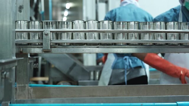 Close-up of conveyor belt with stainless steel container, sorting and filling, preparing for nourishment canned food production line industry, chilled sterile warehouse, manufacturing factory process.