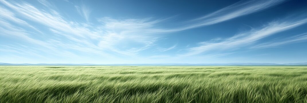 Expansive Green Meadow Under a Bright Blue Sky with Fluffy Clouds and Serene Natural Landscape