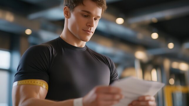 Powerlifter tracking body measurements with fabric tape around bicep while reviewing training journal filled with strength gains and composition data, perfect for progressive overload, fitness