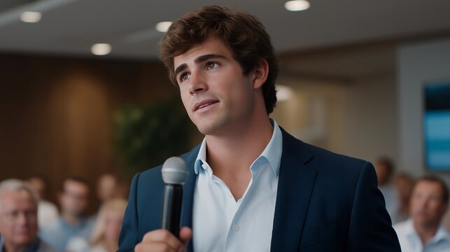 Young founder pitches to crowded room of skeptical venture capitalists in modern conference center, audience faces showing mixed reactions and judgment, ideal for series A fundraising, pitch