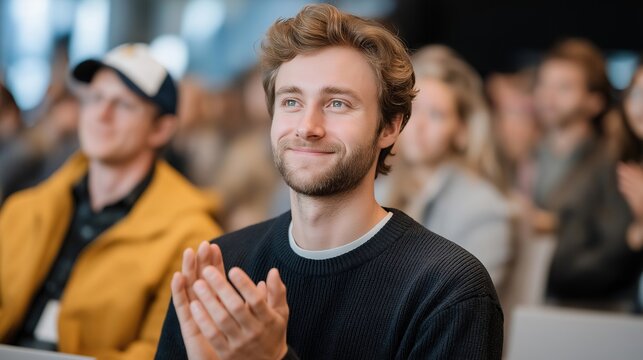 Young founder pitches to crowded room of skeptical venture capitalists in modern conference center, audience faces showing mixed reactions and judgment, ideal for series A fundraising, pitch