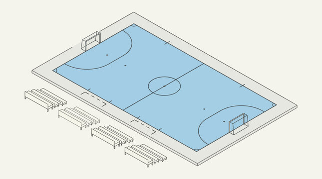 Isometric illustration of an empty indoor futsal court with benches and goals.