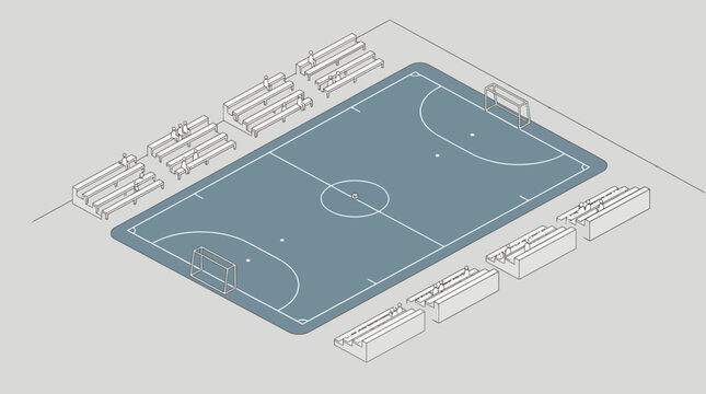 Isometric schematic of an indoor futsal court with spectator seating and markings.