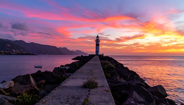 Coastal lighthouse at dusk