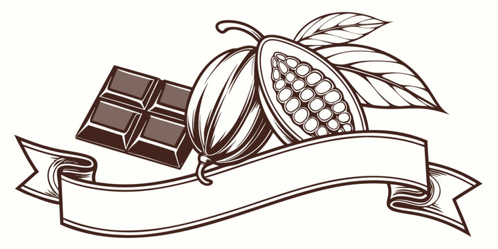 Vintage cocoa pods and chocolate bar with ribbon banner, vector