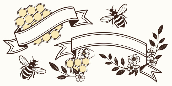 Vintage honey bee and honeycomb floral ribbon banners, vector