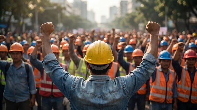 Crowd of construction workers in hard hats and safety vests raising fists in protest demonstration rally