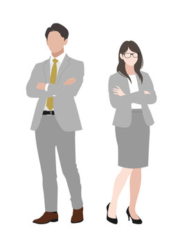 腕組みをしている男女のビジネスパーソン ベクター スーツ姿 白背景