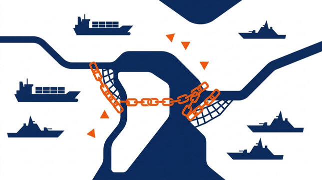 Naval blockade and shipping traffic jam illustration.
