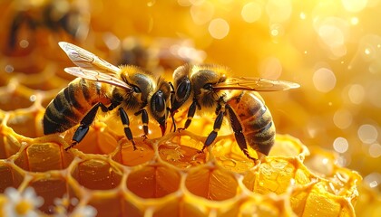 Fototapeta premium Close-up two honeybees rest on golden honeycomb, bathed in sunlight, shimmering with bokeh