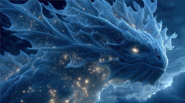 Majestic, glowing dragon emerges from clouds, with star-like light