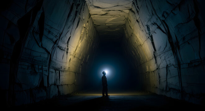 Person standing alone in a dark tunnel lit by a flashlight on their head