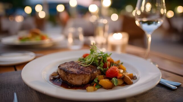 A beautifully plated gourmet meal featuring grilled meat and fresh vegetables set against the warm romantic glow of dinner time