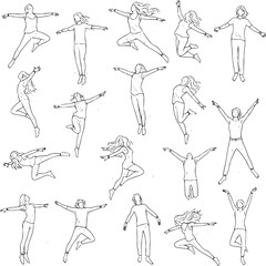 Fototapeta premium set of diverse women in dynamic yoga poses isolated on white background line art illustration