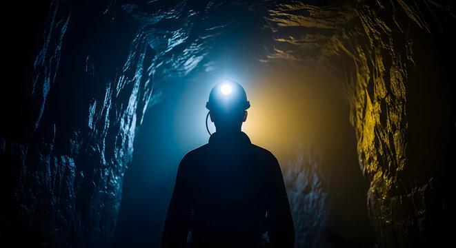 Man wearing headlamp exploring dark tunnel with rugged walls and rocky texture