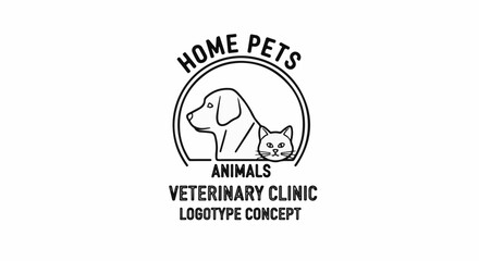 Fototapeta premium Simple line art logo features a dog's head and cat's face inside a circle