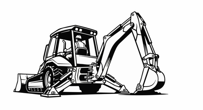 A black and white line drawing of a construction backhoe with operator