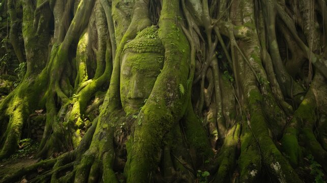 Jungle Temple Buddha Head Among Banyan Roots