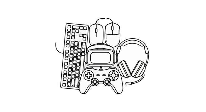 A collection of gaming accessories including keyboard, mouse, controller, headset, and VR headset