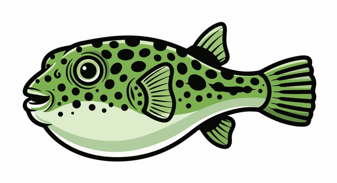 A whimsical cartoon pufferfish with green skin and black spots