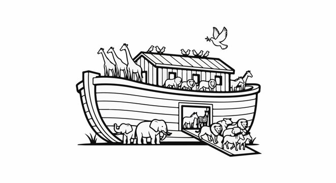 A charming illustration depicts Noah's Ark filled with various animals, with a dove flying overhead