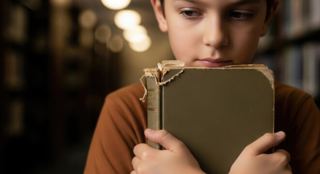 Emotional Child Holding Old Book Close to Chest in Library