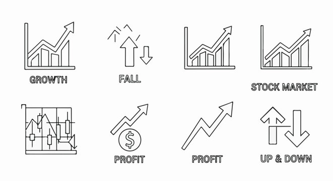 A collection of business and financial graphic icons illustrating trends and market movements