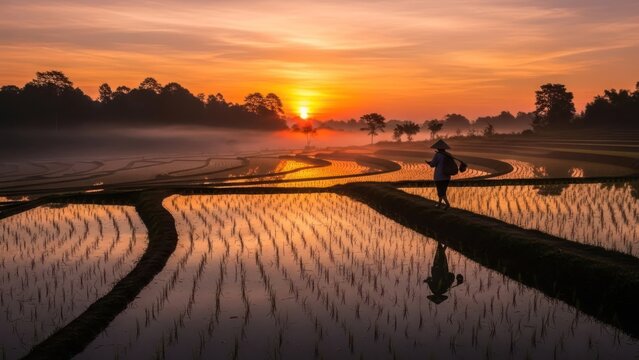 Farmer walking through terraced rice fields during a golden misty sunrise.
