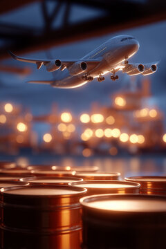 Airplane flies over barrels in a busy shipping area during twilight with city lights in the background