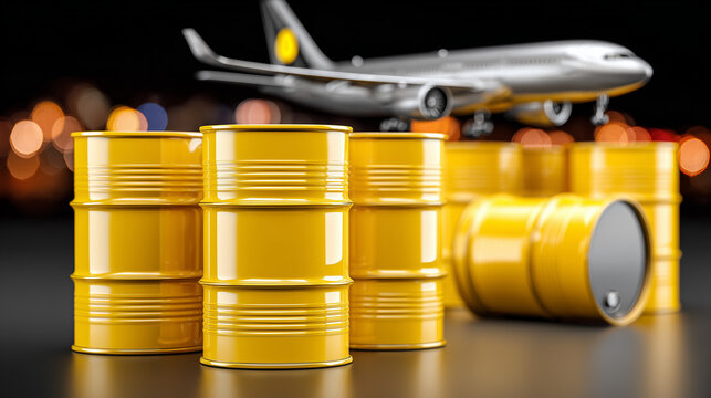 Model airplane sits on top of yellow barrels with blurred city lights in the background at night during a business or industrial scene