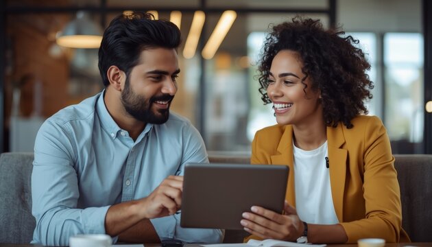 There is a man and a woman sitting at a table looking at a tablet