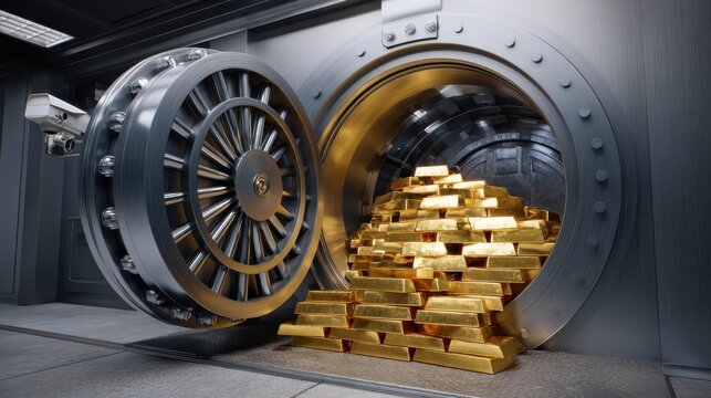 A large bank vault door is open, revealing a heap of stacked gold bars inside the secure room.