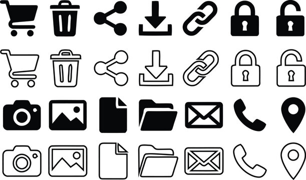 Black silhouette icons set shopping security communication and location symbols